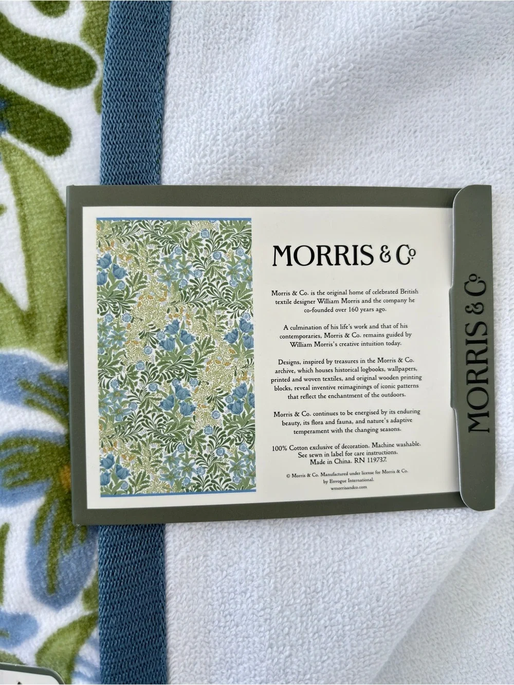 NWT Morris & Co Botanical Cotton Velour Bath Towels Set of 2 Blue Green Floral